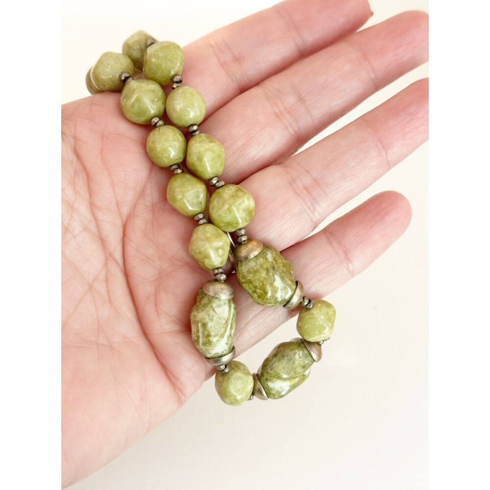 Vintage Signed Miriam Haskell Marbled Green Glass Nugget Bead Statement Necklace - Picture 5 of 9